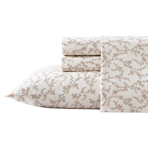 Image of Laura Ashley - Flannel Sheets Full Size, Anti-Pilling & Wrinkle Resistant Cotton, Touchably Soft for All-Season Comfort - Bed Sheets with Matching Pillowcases & Fitted Sheet (Victoria Beige)