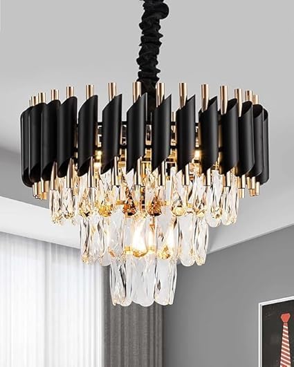 Image of Luxurious 400mm Black Gold Modern Chandelier with K9 Crystals | Warm White, Moonlight & Golden Light | Ceiling Hanging Light for Living Room, Dining Room, Bedroom, Hallway