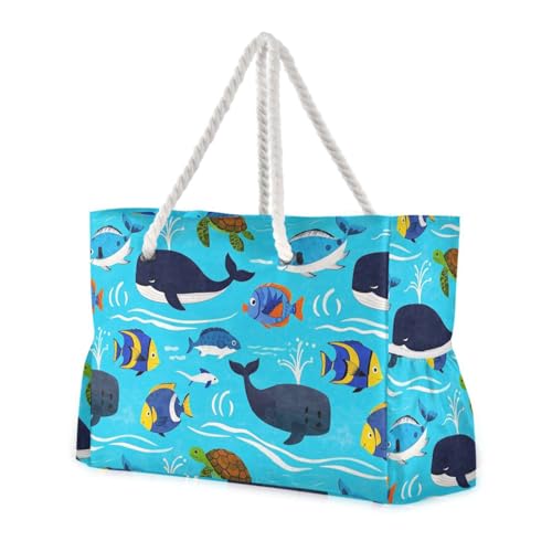 Ocean Whale Turtle Fish Blue Sea Portable foldable beach bag for travel with zipper tote bags for women Travel Essentials Beach Gifts Birthday Gifts for Women