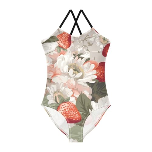 Girls One Piece Swimsuits Strawberries and Flowers Pattern Sport Halter Swimwear Beach Bathing Suit,7-8T