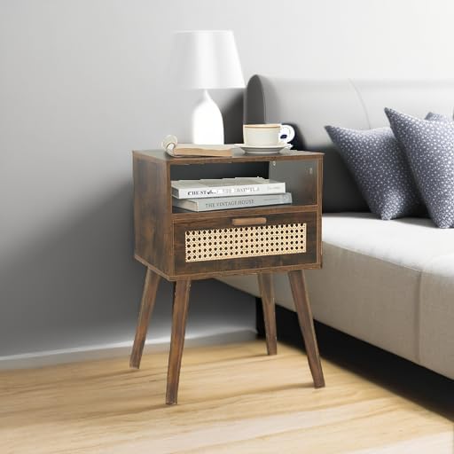 Mesita de noche de mediados de siglo, mesa auxiliar de ratán con cajón, mesita de noche moderna de madera para dormitorio, sala de estar y espacios pequeños (marrón rústico) 5