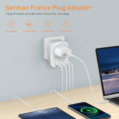 2 Pack Italy Travel Power Adapter, Italy Travel Plug Adapter with 2 USB and 2 USBC Ports, L-Shaped 3-Pin Ground Plug for USA to Italy Uruguay Chile Rome2