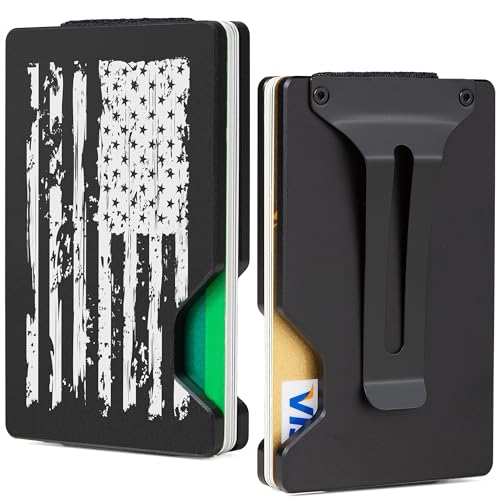 Image of Minimalist Wallet for Men, Slim Metal RFID Blocking Wallet Credit Card Holder Money Clip & Cash Strap, Scratch-Resistant Holds 15 Cards,Ideal Gift for Men | Patriot-Black Flag