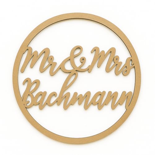 Personalized Wood Circle Name Sign – Custom Last Name Wall Decor, “Mr & Mrs” Script for Weddings, Couple’s Home Decor, Rustic Wooden Wall Art, Handmade Keepsake