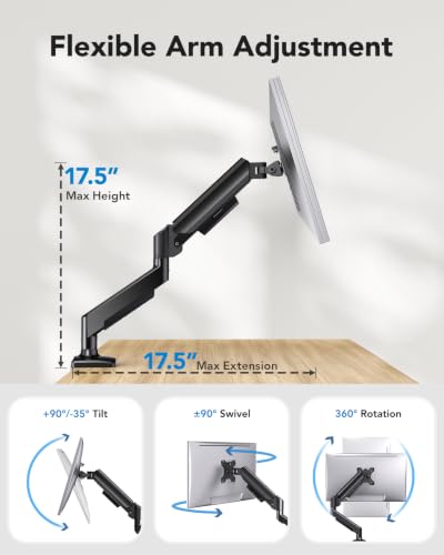 Image of HUANUO Single Monitor Arm 13-34 Inch, Adjustable Gas Spring Arm, Monitor Desk Mount for 4.4-22lbs, VESA 75 /100mm with C-Clamp /Grommet Base, Ergonomic Stand for Work /Gaming