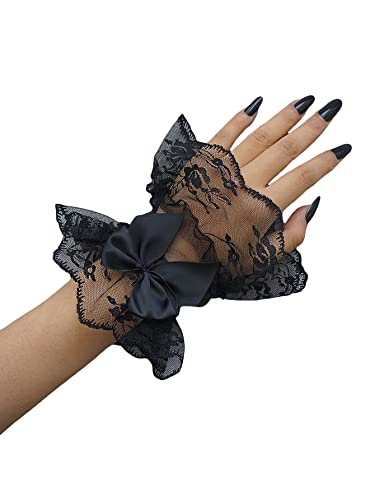 OYOANGLE Women's Floral Lace Bow Front Short Wrist Cuff Wedding Wrist Length Bridal Prom Gloves