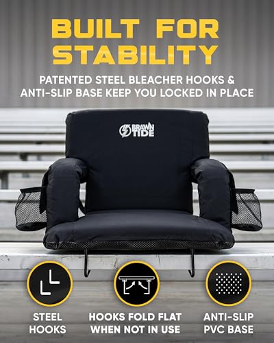 Image of BRAWNTIDE Stadium Seat for Bleachers with Back Support - Wide Padded Reclining Bleacher Seat, Portable Folding Stadium Chair with Armrests, Hooks, Straps, Cup Holders & Pockets (Black, 21 inch)