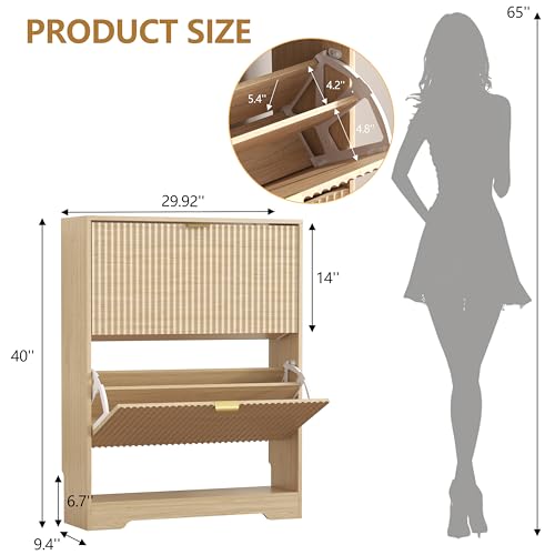 Image of HUANLEGO Shoe Cabinet Storage for Entryway with 2 Flip Drawers, Fluted Shoe Cabinet with Open Storage, Wooden Hidden Shoe Rack Freestanding Narrow Slim Shoe Organizer for Hallway, Entrance