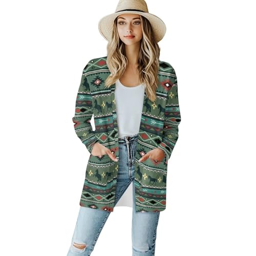 Image of Women's Aztec Open-Front Jacket Lightweight Casual Outerwear Native Western Aztec Pattern & Plaid Houndstooth Print