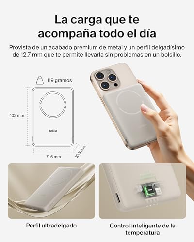 Batería externa Qi2 de 5000mAh Belkin BoostCharge con cable USB-C color beis 3