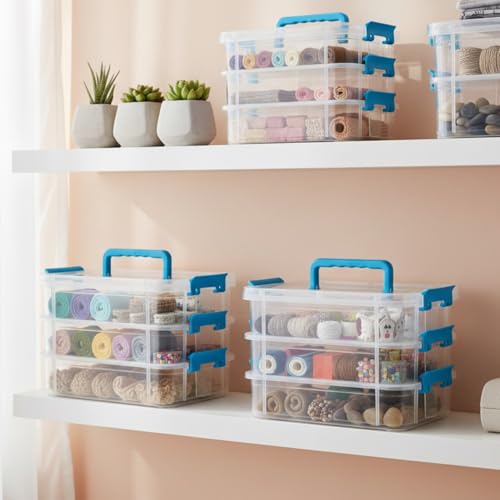 Image of Golden bird plastic boxes for Storage transparent, Space Saving Organiser with Lid Portable & Stackable for Jewelry, Beads, Crochet, Sewing, Scrapbooking DIY Craft (2 tier, Blue)