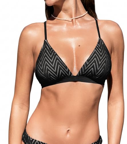 CUPSHE Women's Bikini Top V Neck Triangle Top Crisscross Back Self Tie Spaghetti Straps Black/Striped S
