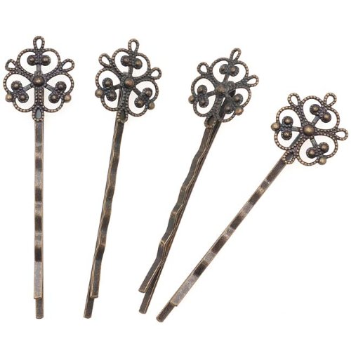 Antiqued Brass Color Ornate Filigree Bobby Pin 2 1/2 Inches (63.5mm) (4 Pcs.)