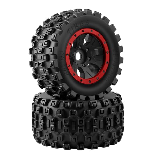 GLOBACT MX43 1/5 RC Tires, Pre-Installed Screw-Lock Monster Truck Tires with 24mm Hex Adapter, Compatible with Traxxas 1/5 X-Maxx 8S, 1/6 XRT 8S, Arrma 1/5 Kraton 8S, Outcast 8S (Red 2Pcs)