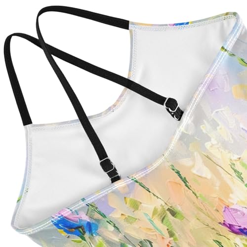 Girl Bathing Suits Beach Swim Suits Kids 3-10 Y with Adjustable Shoulder Strap, Painting Wild Flowers Spring4