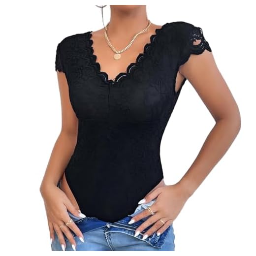 PDLCVD Body feminino sexy com decote em V profundo, manga curta, renda branca, forro duplo, regata bordada com flores, Preto, G