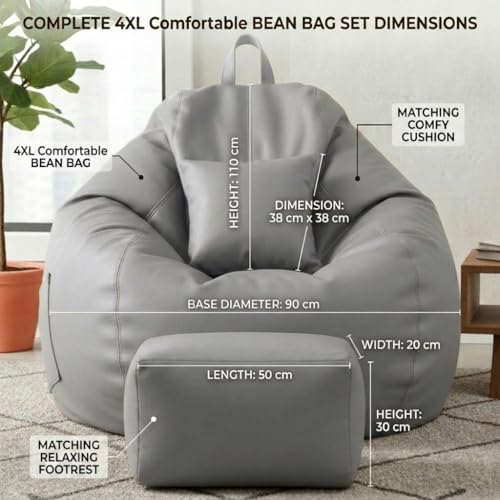 Image of KAM'S LIEU 5XL Luxury Faux Leather Bean Bag with Footrest & Cushion | Pre-Filled High-Density Polystyrene Beans | Premium Leatherette | 6 Months Warranty Color- (Grey, Without Footrest)