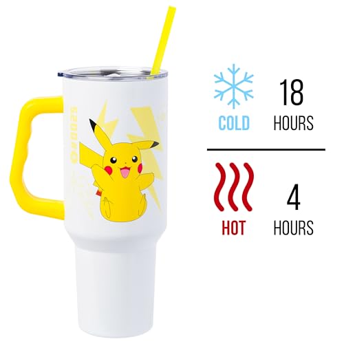 Image of Silver Buffalo Pokemon Double Walled Stainless Steel Tumbler with Handle Featuring Pikachu, Fits in Standard Cup Holder, 40 Ounces