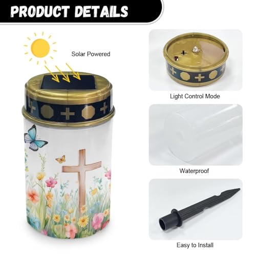 Image of Poceacles Cross Solar Powered Memorial Light for Cemetery - Waterproof Landscape Outdoor Light for Yard, Patio, Lawn, Home Decor - Cross Butterfly Floral Design