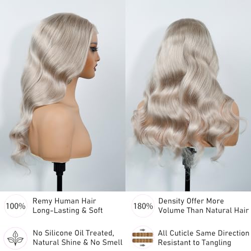 Image of Ash Blonde Wig Body Wave Lace Front Wig 22 Inch Human Hair Wig 180% Density | 13X4 UHD Realistic Lace Front Wigs Ash Blonde Wig Breathable Platinum Blonde Wig Ash Blonde Glueless Pre Cut Wigs for Women