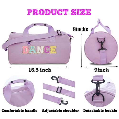 Large Size Dance Bag for Girls Kids Toddler Teens,Purple Ballet Gym Bag with Plush Chenille "DANCE" Letters,Sport Duffle Gym bag for Ballet Class, Sports & Practice 16.5"Lx9"Wx9"H3