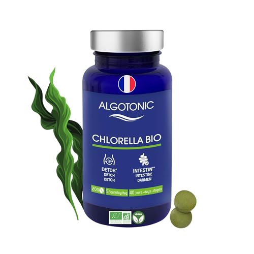 Algotonic - Chlorella Bio - 2500 mg par jour - 200 comprimés - Cure de 40 jours - Poudre de Chlorella vulgaris 100% PURE - Maintien d’une bonne santé intestinale - Detox - Intestin