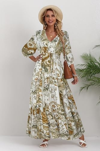 Image of Women Short Sleeve V Neck Floral Print Casual Bohemian Maxi Dresses