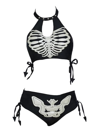 MEOWCOS Goth Bikini Swimsuit Gothic Unique Black Skull Print Bathing Suit Dark Style Goth Swimsuit