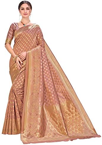 Women's Woven Pure Soft Kanjivaram Silk Saree Banarasi Style With Blouse Piece for Wedding, Copper, Free Size