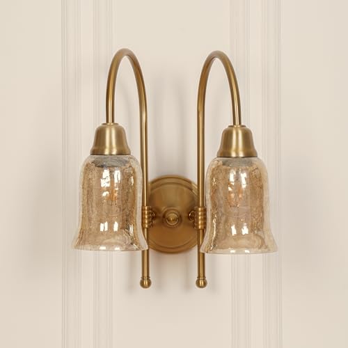 Image of Divine Trends Double Hockey Wall Lamp Antique Brass Finish with Chimney Crackled Glass Shade for Living Room, Bedroom, Home Decoration Wall Light - Pack of 1