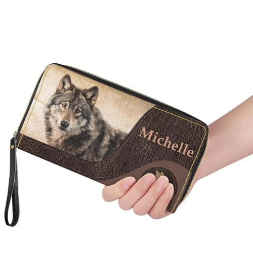 Image of Bulopur Custom Name Wallet for Women Wolf Purse with Wristlet PU Leather Waterproof Ladies Purses Handbag Zip Around Coin Cash Clutch Card Organizers Gifts for Him