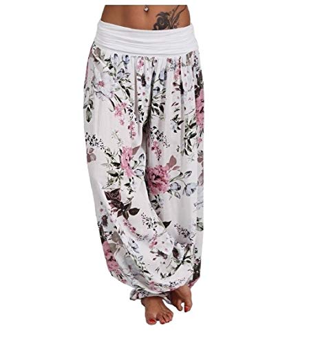 HEFASDM Calças de Pilates de Pilates de pilates de saqueda da cópia floral das mulheres White XL
