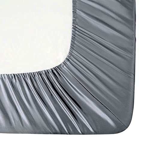 Image of Ersmak Satin Fitted Sheet Only, Luxury Silky Twin Fitted Sheet Ultra Soft Deep Pocket Bottom Sheet, Wrinkle & Fade Resistant - Silver Grey
