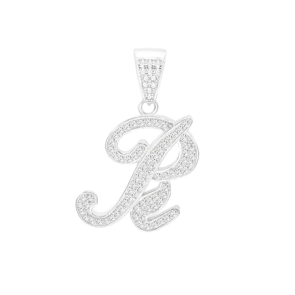 Unisex Real Solid 925 Sterling Silver Micro Pave Set Cubic Zirconia Initial Letter Alphabet A-Z Cursive Script Pendant Medium 1 inch Length