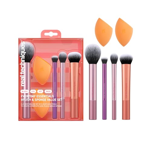 Real Techniques Kit de esponjas de maquillaje Everyday Essentials, 4 brochas de maquillaje y 2 esponjas mezcladoras de maquillaje, para base, colorete, bronceador, juego de 6 piezas