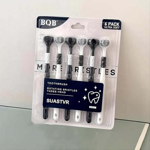 Image of (PACK OF-6) Toothbrush with Rotating Bristles Three-Head, Ultra Soft, 3 Sided Rotating Soft Bristles Toothbrush | 360-Degree Three-Sided Teeth and Tongue Cleaning, Gum Protection and Deep Cleaning