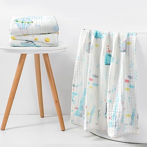 Image of BILLAMB Muslin Baby Bath Towel 2 Pieces 41.3X41.3 Inch Baby Cotton Gauze Towel Quilt Newborn Bath Towel 6 Layers Gauze Cotton Soft Ventilate Children Bath Towel Large Baby Towels (Blue Whale)