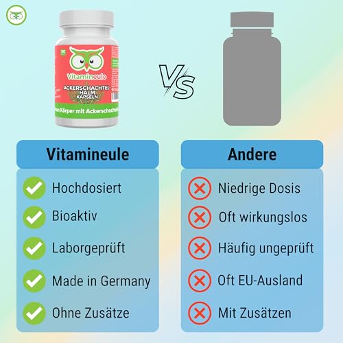 Ackerschachtelhalm Kapseln - hochdosiert 500 mg Zinnkraut - bioaktiv & vegan - Produktion in Deutschland - Extrakt ohne Zusatzstoffe - laborgeprüft & hoher Silizium-Anteil - Vitamineule®