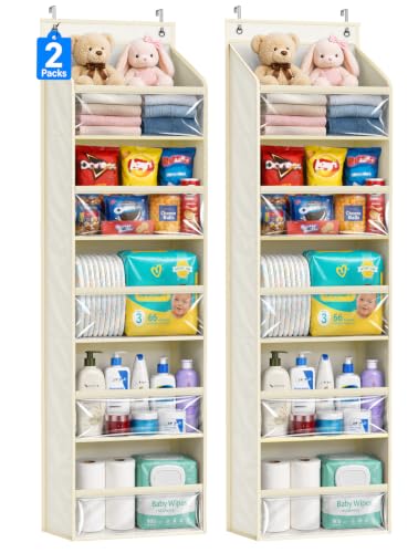 Image of AOODA 2 Pack Over the Door Organizer, Large Capacity Closet Door Hanging Organizer, Clear Deep Pockets Baby Storage for Nursery, Bathroom, Bedroom, Pantry, Diapers (Light Yellow)