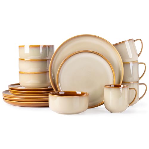 Image of LERATIO Ceramic Dinnerware Sets for 4,16-PieceReactive Glaze Plates and Bowls Set with Mugs,Highly Chip and Crack Resistant | Dishwasher,Microwave & Oven Safe Dishes set-Kahki
