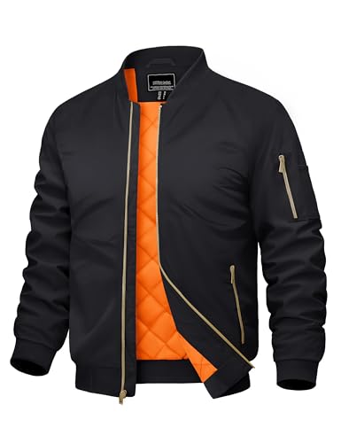 CRYSULLY Men's Jacket Padded Jackets for Men Full Zip Windbreakers Casual Warm Bomber Jacket Fall Winter Outwear Coats Black XL