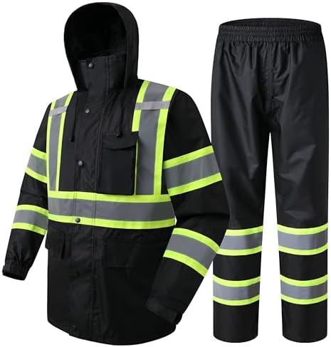JKSafety Hi-Vis Reflective Safety Rain Jacket and Pants for Men Women Waterproof Rain Gears for Farming Fishing Work HV Rain Suit with Inner Mesh Lining and Pockets (117-Black XL)