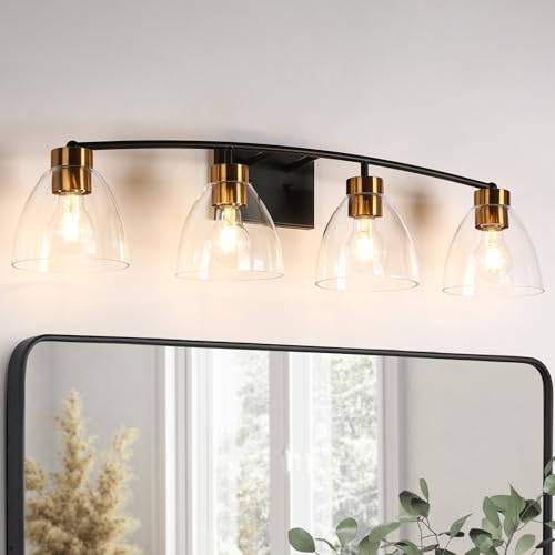 Image of KSANA Bathroom Light Fixtures, 4-Light Black and Plating Brass Vanity Lights for Bathroom, 32.3'' Large Modern Bathroom Lighting Lights Over Mirror with Clear Glass Shade