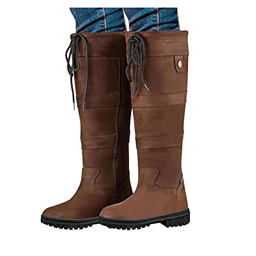 Hbeylia Knee High Work Boots For Women Vintage Leather Round Toe Chunky Block Low Heels Non Slip Knee Length Combat Boots Casual Pullon Lace Up Motorcycle Riding Winter Snow Tall Boots
