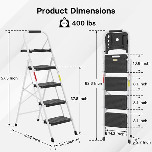 Image of BONTEC 4-Step Ladder, Folding Step Stool with Tool Platform, Wide Anti-Slip Pedals, Max Load Capacity 400lbs Sturdy Steel Ladder, Lightweight Portable Ladder, Tall Step Ladder for House Use, White
