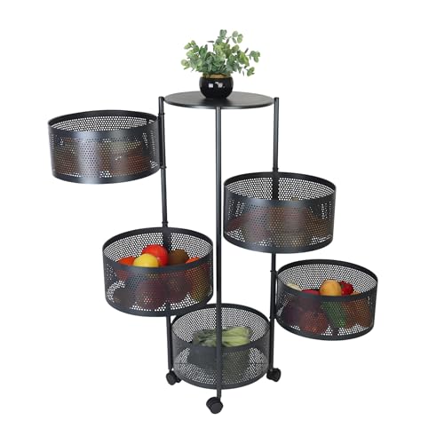 Relaxdays Küchenwagen, 5 drehbare Fächer, HxD: 90 x 34 cm, Metall, 2 Bremsen, Rollwagen Küche & Bad, Rollregal, schwarz
