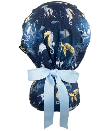 Image of Scrub Cap for Women and Men, Ponytail Scrub Caps, Working Hat, Head Cover with Ribbon Ties and Buttons, Long Hair