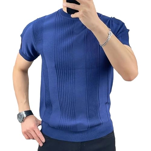 VgueElegc Men Knit Striped Buttons Shirt Relaxed Lightweight Stretch T Shirts Casual Slim Fit Knit Tees (Blue,3X-Large)