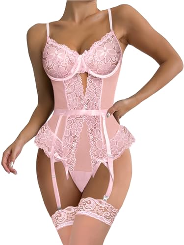 Image of Lilosy Sexy Stocking Lace Mesh Bodysuit Top Underwire Garter Lingerie Set 3 Piece