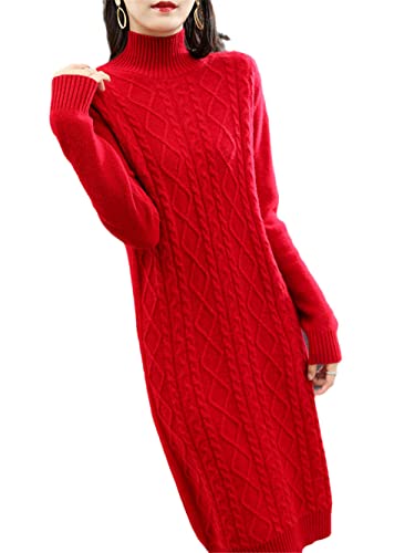 Robe tricotée 100 % pur cachemire pour femme - Jupe à col roulé - Style long et épais, Rouge, L Cover